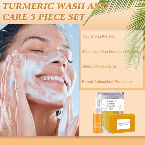 Turmeric Wash and Care Three Piece Set,Tuemeric Facial Cleanser & Turmeric Soap Bar & Turmeric Face Scrub Pads,Turmeric Cleansing Skincare Set for Face & Body, Deep Cleansing