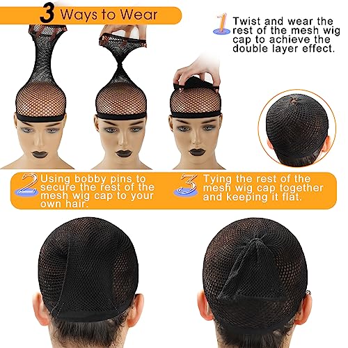 BEEOS 3 Pieces Large Net Wig Cap for Long Thick Hair with Open-end, Black Mesh Wig Cap for Women Sleeping