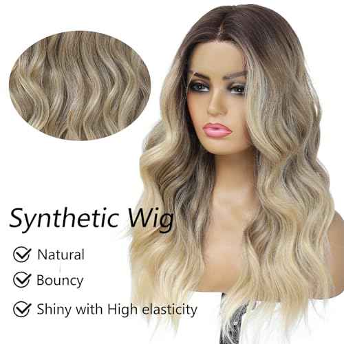 Ombre Blonde Balayage 613 Wavy Wig for Women 20 Inch Middle Part Lace Frontal Wig HD Lace Natural Looking Synthetic Heat Resistant Fiber Wig