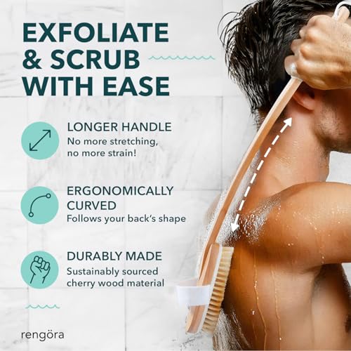 Back Scrubber for Shower - 20" Long Handle Shower Brush - Natural Bristle Back Brush - Ergonomic Handle + Silicone Anti-Slip Grip - Great Gift Idea - Men, Women + Seniors Love This (Regular Bristles)