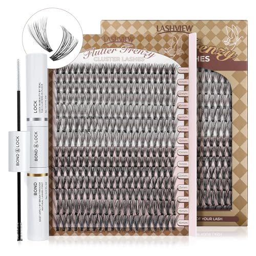 LASHVIEW Lash Extension Clusters with Lash Bond and Seal 280pcs D Curl Lash Clusters Natural Look Cluster Lashes Extensions and Bond and Seal Glue Waterproof, Latex Free Reusable 9-16mm MIX (30+40D)