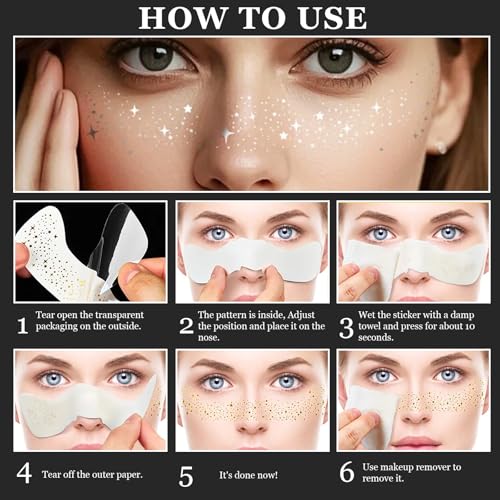 24pcs Glitter Freckle Tattoos Face Body Sparkle Patches for Festivals, Face Glitter Patches with Stars Gold Silver Holographic Faux Freckles
