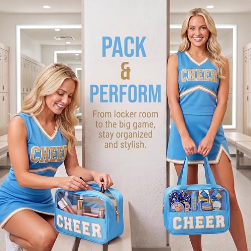 KYTACCU Sky Blue Cheer Makeup Bag with Chenille Letter & Clear Travel Pouch for Girls & Women