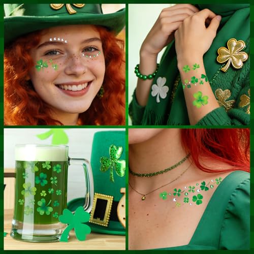 EMOME St Patrick Day Accessories, St Patrick's Day Shamrock Face Tattoo with Green White Face Gems, Saint Patrick's Day Makeup Art Decorations for Women, Girls