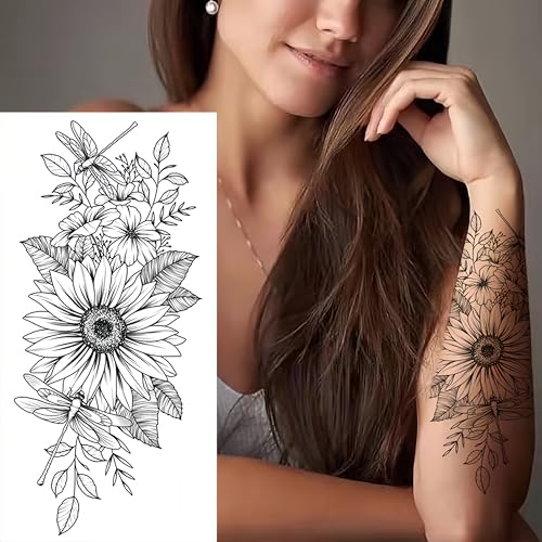 Temporary Tattoo Sunflower 3 Sheets Large Temporary Tattoo For Men Women Adults Waterproof Friction Resistant Low Reflective Lasts 5-7 Day Temporary Sunflower Tattoo