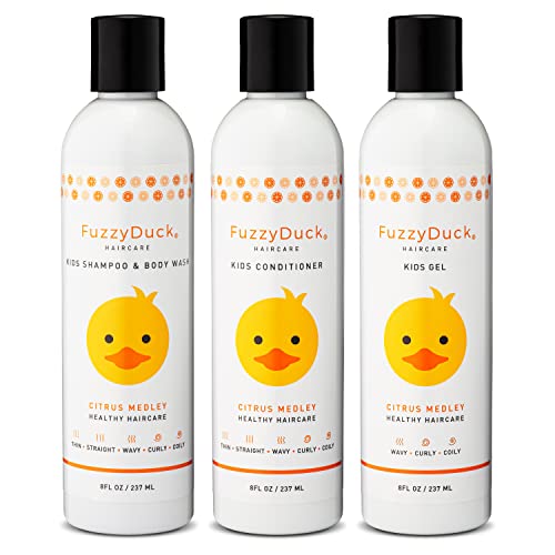 FuzzyDuck Kids Shampoo + Body Wash, Conditioner and Hair Gel Set (8oz each) for All Hair Types, Moisturizer with Aloe, Sea Botanicals & Honey to Reduce Frizz, Increase Moisture & Manageability for Smooth, Silky Hair - Citrus Medley