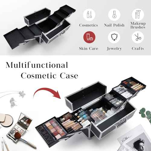 Hododou Makuep Train Case Extra Large 6 Trays Makeup Box Travel Case Professional Cosmetic Storage for Makeup Artist, Nail Tech, Hairstylists Salon Barber Case with Lockable Handle PRO Black
