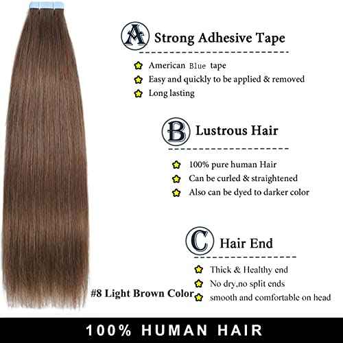 Amella Hair Tape in Hair Extensions Human Hair 12 inches 40g/pack 20pcs Straight Seamless Skin Weft Jet Black Tape Hair Extensions (12 inches #8 Light Brown)