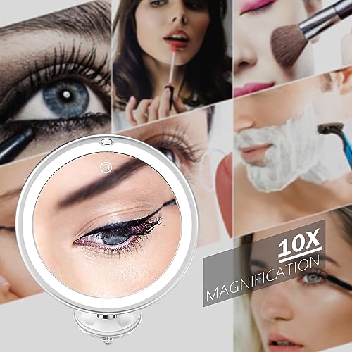Snowflakes 10x Magnifying Lighted Makeup Mirror with Lights, Suction Cups, and 360¡Æ Swivel ? Touch Control, 3 Light Modes ? Ideal for Home, Bathroom Vanity, and Travel