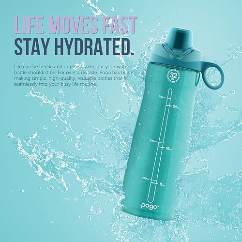 Pogo 64oz Plastic Water Bottle with Leak-Proof Chug Lid and Carry Handle, Reusable, BPA Free, Capacity Markings, Dishwasher Safe, Perfect for Travel, School, Outdoors, and Gym, Blue