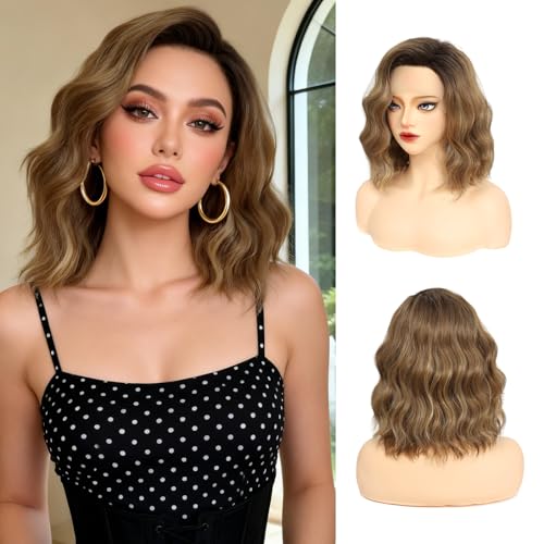 Short Brown Wavy Bob Wig for Women - 14 Inch Lace Front Hair