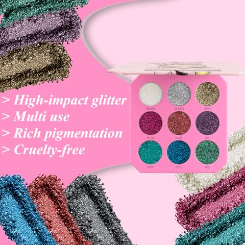 Profusion Cosmetics Majestic Gems 9 Shades Pressed Glitter Palette - High-Impact Sparkle for Face, Body & Eyes, Buildable & Blendable with Minimal Fallout Application, Cruelty-Free Makeup