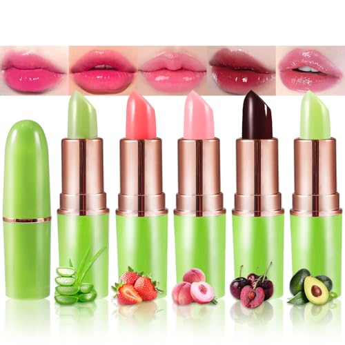 5 Pcs Aloe Strawberry Peach Red Cherry Avocado Color Changing Lipstick Set, Magic PH Mood Lipstick Long Lasting Moisturizing Lip Balm, Temperature Color Changing Lip Gloss,Hydrating Lip Care for Women