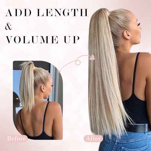 Ponytail Extensions Human Hair Long Ponytail Hair Extensions with Magic Paste Wrap Around Clip in Ponytail Extensions Real Human Hair,14inch #12P613 Golden Brown mixed Bleach Blonde,80g