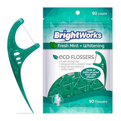 Brightworks ECO Sustainable Floss Picks - 270 Count - PFAS Free - Made in USA100% Post-Consumer Recycled Plastic, Super Strong Mint-Flavored Floss with Micro-Crystals