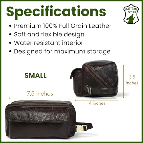 Coyote Bay¢ç Flypouch Premium Full Grain Soft Leather Makeup Bag Small 7.5 Inch, Travel Organizer Pouch, Shaving Kit, Cosmetics Toiletry Bathroom Organizer Kit (Brown, Small)