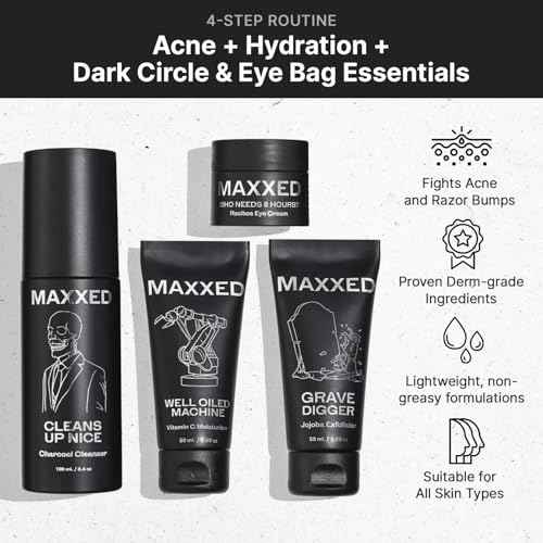 MAXXED Men's Skincare Set - Travel Skincare Set with Under Eye Cream, Charcoal Face Wash, Jojoba Face Scrub and Vitamin C Moisturizer - 4 in 1 Men's Skin Care Kit for Hydration and Pore Cleansing