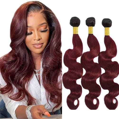 Burgundy Body Wave Bundles Human Hair Ombre Red Human Hair Bundles 18 20 22 Inch Double Weft Unprocessed Brazilian Remy Hair Extensions Silky Soft For Women 3Pcs/Set Deals
