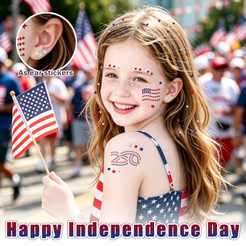 4th of July Temporary Tattoos & Face Gems Set - 6 Pcs Glitter Stickers