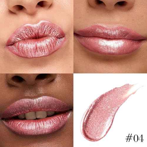 Rose Gold Metallic Lip Liner and Lipstick Combo Lip Gloss Tints Stain Set Makeup for Women Long Lasting Waterproof 24, Light Pink Metallic Glitter Shimmer Iridescent Liquid Lipstick lippies Lip Gloss