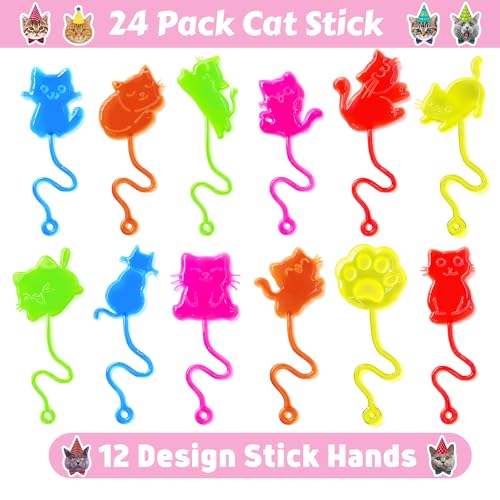 48PCS Cat Party Favors - 24PCS Temporary Tattoos & 24PCS Stick Hands - Perfect Birthday Party Supplies, Goodie Bag Stuffers, Treasure Box Toys, Classroom Prizes, and Student Gifts