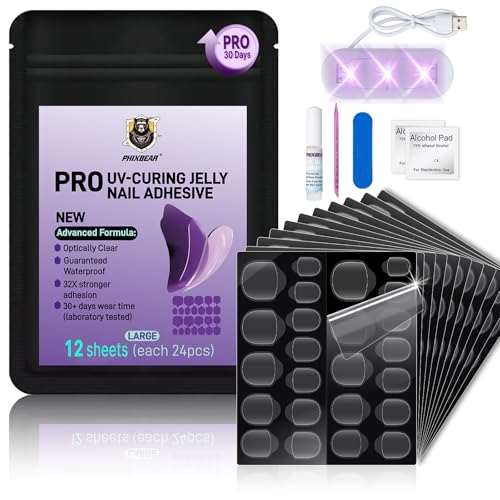 PHIXBEAR UV Jelly Nail Adhesive Tabs - 288pcs, 12 Sizes, 30+ Days Wear