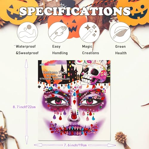 Halloween Face Jewels Rhinestone Skull Stickers - 4 Pack