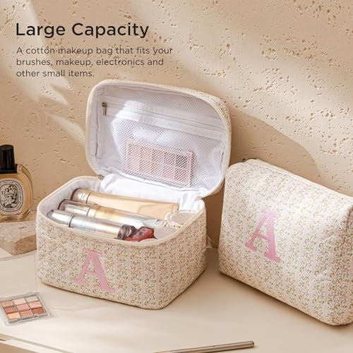 HBselect 2Pcs Initial Quilted Makeup Bag, Pink Cosmetic Travel Toiletry Bag, Flowers Coquette Zipper Make Up Pouch Organizer Teen Girl Gift Trendy Stuff T