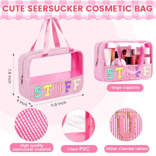 Sanwuta Clear Seersucker Cosmetic Bag Pink Portable Makeup Organizer