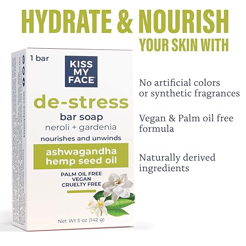 Kiss My Face De-Stress Bar Soap - Neroli + Gardenia - Vegan Soap Bar with Hemp Seed Oil - Cruelty Free and Palm Oil Free Bath Soap (Neroli + Gardenia, Pack of 1)