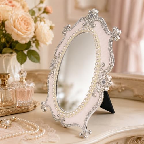 Nerien Vintage Oval Mirror with Stand, Pearl Floral Frame