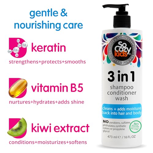 SO COZY 3 in 1 Kids Shampoo + Conditioner + Body Wash (16 Fl Oz) Gentle,Hydrating Hair & Body Cleanser with Keratin,Vitamin B5,& Kiwi Extract,Paraben-& Sulfate-Free,(Pack of 2)