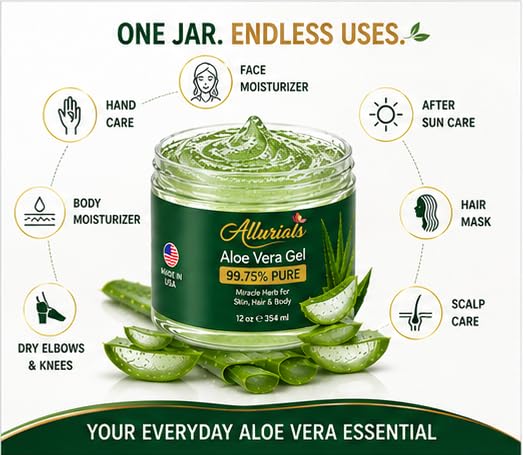 Allurials Aloe Vera Gel - 99.75% Organic & Pure, Cold Processed, 12 Oz - After Sun, Face, Body, Hair & Scalp Moisturizer - Gel Variant