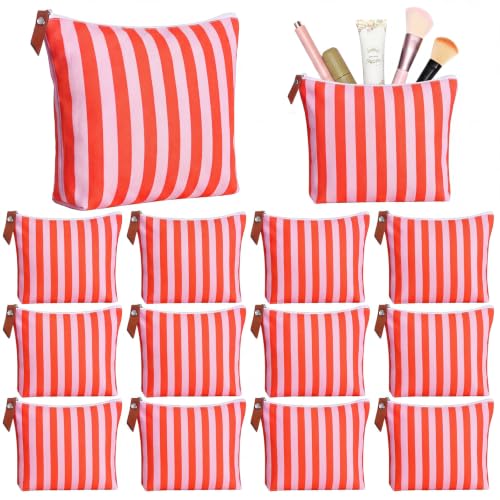 12 Pack Pink and Orange Striped Canvas Makeup Bags