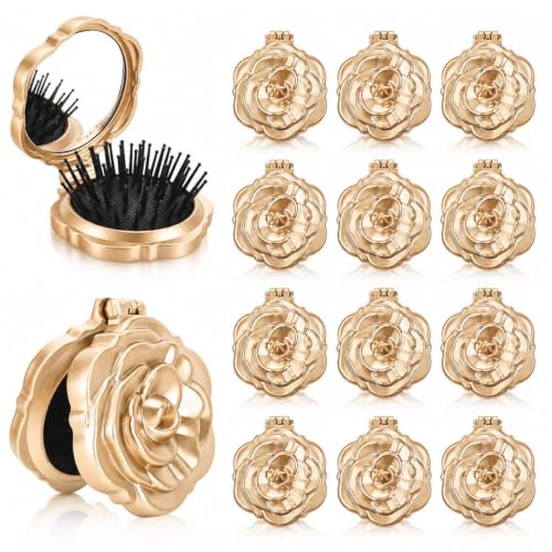 12 Pcs Mini Hair Brush Set with Mirror – Champagne Gold Compact