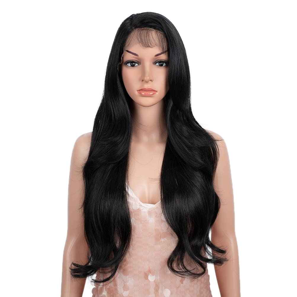 Style Icon 28" Lace Front Wigs Long Straight Synthetic Black Wig (Side Part Lace Wig, 1B)