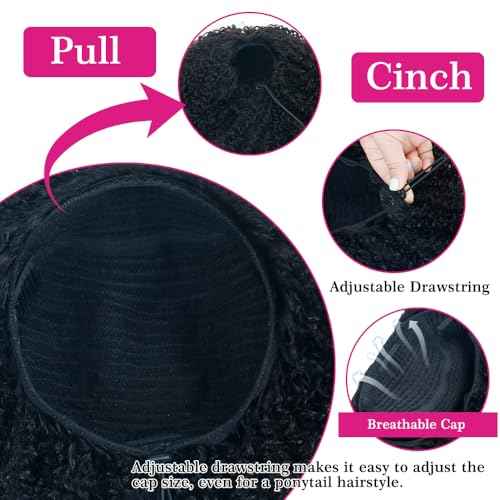 Wear & Go Glueless Wigs Human Hair Afro Kinky Curly Human Hair Half Wigs for Black Women Seamless Kinky Curly Bob Pixie Cut Wig Drawstring Full Head Clip in Half Wig 200% Density 10 Inch