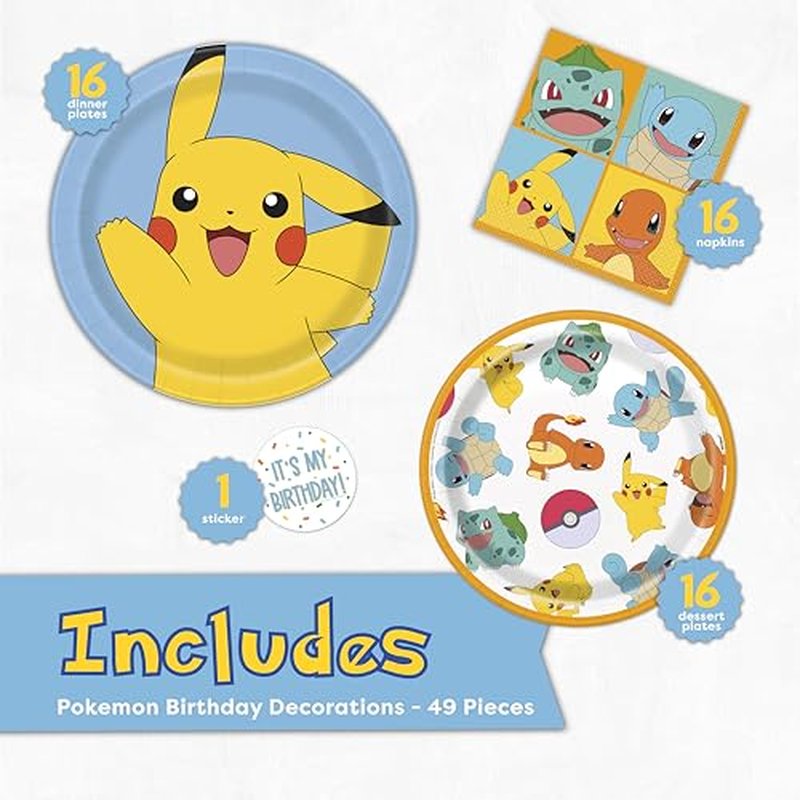 Pokemon Party Plates & Napkins Set for 16 Guests