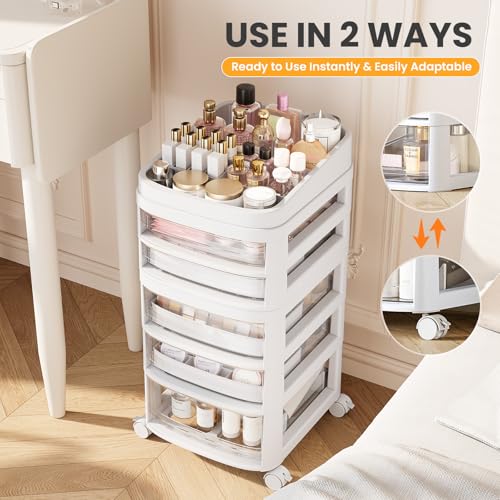 Clear Rolling Cart with 5 Drawers - Dust-Proof Storage for Makeup & Crafts