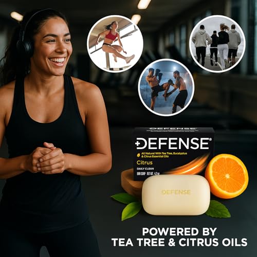 Defense Soap Citrus Bar ? All Natural Tea Tree, Eucalyptus & Citrus Essential Oils ? Post Workout Hygiene for Athletes, Sports & Active Lifestyles ? Washes Away Sweat & Body Odor ? 4.2 oz