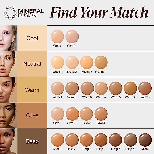 Mineral Fusion Full Coverage Foundation, Liquid Foundation - Warm 4- Med to Tan Complexion w/Golden/Yellow Undertones, Lightweight Matte Finish, Up to 12 Hr Hydration, Hypoallergenic & Vegan, 1 fl. oz