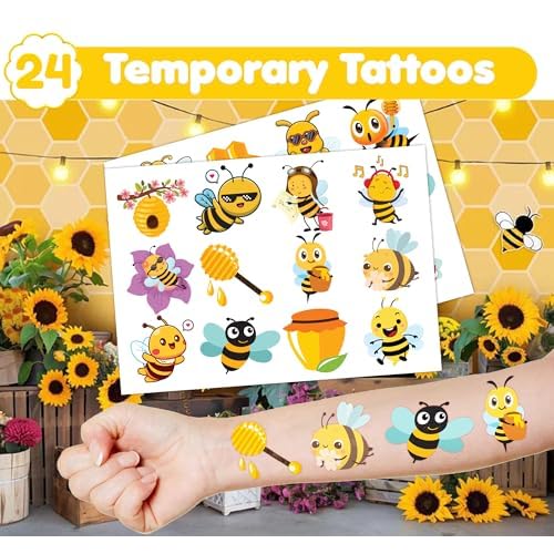 36PCS Bee Party Favors - 24PCS Temporary Tattoos & 12PCS Stamps - Ideal Honey Bee Themed Birthday Card Decorations Supplies Goodie Bag Cute Rewards for Boys Girls Classroom Gifts Baby Shower Prizes