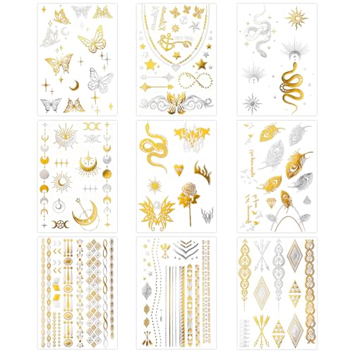 Konsait 9-Sheet Metallic Temporary Tattoos - Gold & Silver Designs