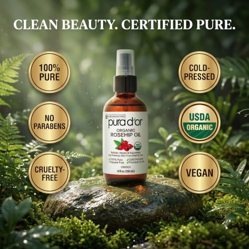 PURA D'OR Organic Rosehip Seed Oil - Pure Cold-Pressed Facial Oil (4oz)