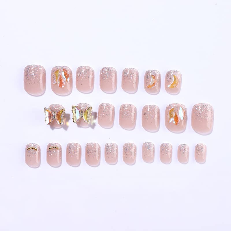 DOUBNINE 24PCS Press on Nails Short Square Nude Pink Rhinestone Butterfly Glitter Glossy Ombre Ballerina Natural Fake Nails Acrylic Full Cover Luxury False Nails for Women