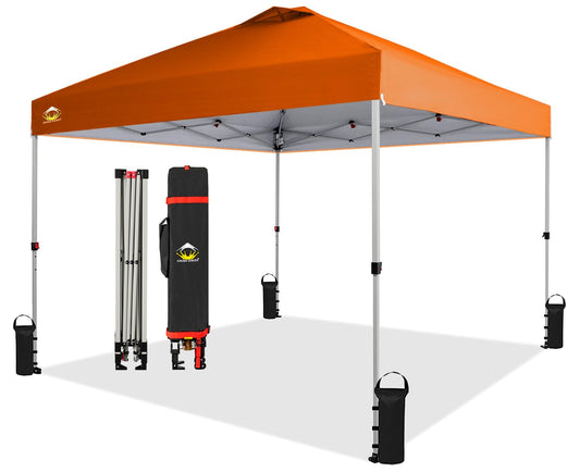 Crown Shades 10x10 Pop up Canopy Tent, Patented One Push Pop Up Tent with Wheeled Carry Bag, Bonus 8 Stakes and 4 Ropes, Orange