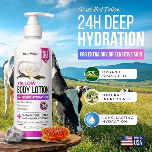 Beef Tallow Body Lotion with Magnesium & Shea Butter - Lightweight, Fast-Absorbing Body Cream with Avocado Oil & Vitamin E - Non-Greasy Moisturizer for Dry, Sensitive Skin - Daily Hydration, 4oz