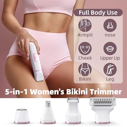 5-in-1 Bikini Trimmer for Women: IPX7 Waterproof Electric Razor Shaver for Silk Skin, Easy Cleaning, 5 Head, Rechargeable Body Hair Removal, LED Display, Ceramic Blade, Gifts for Her