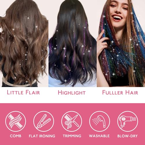 WENNALIFE 48 Inch Golden Brown Fairy Hair Tinsel Kit - 6 Pack, 1200 Strands, Heat-Resistant Glitter Extensions for Girls and Events