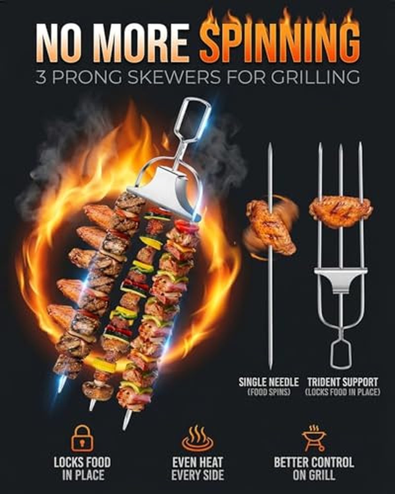 3-Prong Stainless Steel Skewers for Grilling Kabobs - Anti Spin